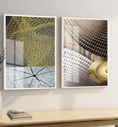 Quadros Decorativos Abstrato Moderno Dourado Moldura e Vidro