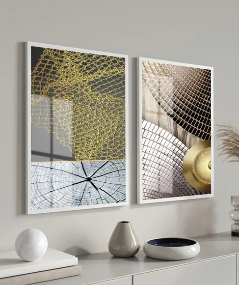 Quadros Decorativos Abstrato Moderno Dourado Moldura e Vidro