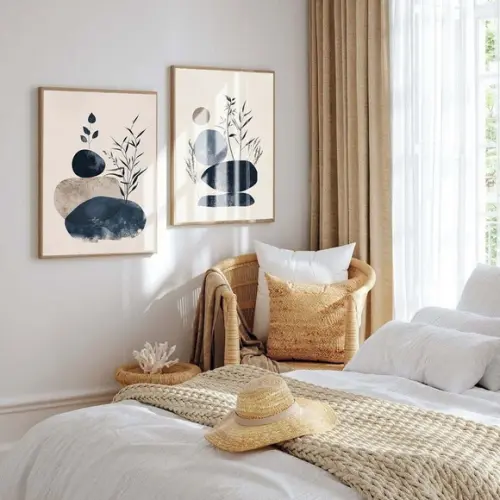 Quadros Decorativos Abstrato Moderno Folhas Azul com Vidro