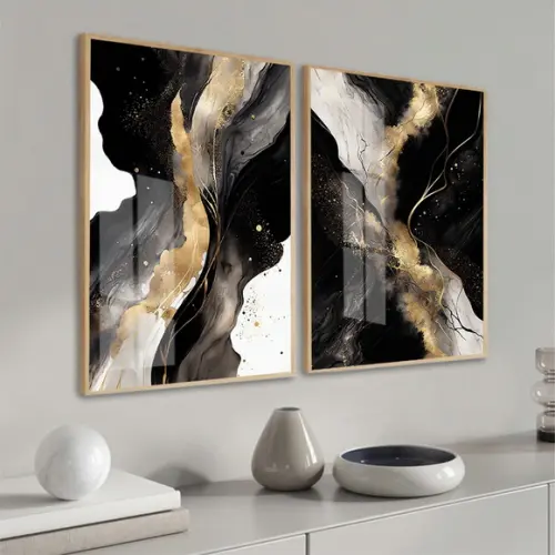 Quadros Decorativos Abstrato Preto Dourado Moldura e Vidro