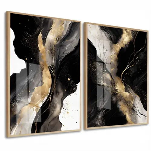 Quadros Decorativos Abstrato Preto Dourado Moldura e Vidro