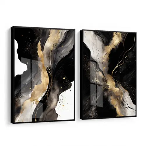 Quadros Decorativos Abstrato Preto e Dourado Moldura Vidro