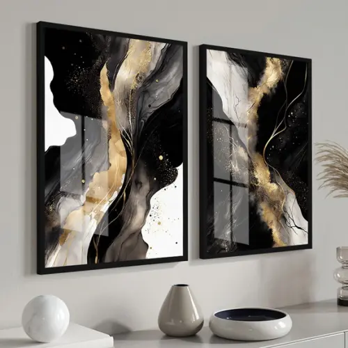 Quadros Decorativos Abstrato Preto e Dourado Moldura Vidro