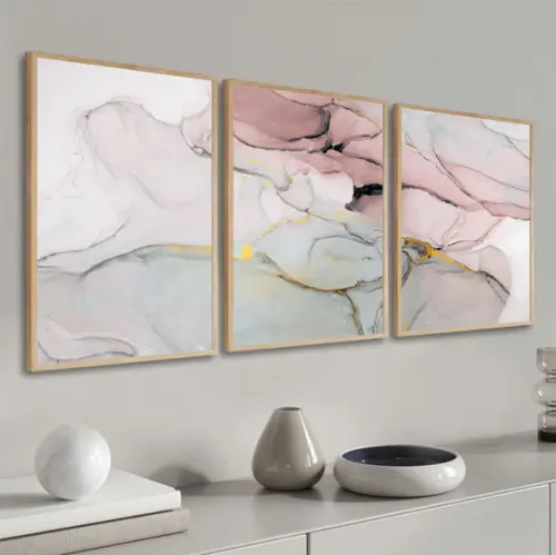 Quadros Decorativos Abstrato Rosa Mármore Gold com Moldura