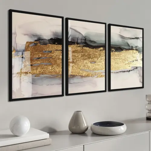 Quadros Decorativos Abstratos Dourados Mármore Moldura Vidro
