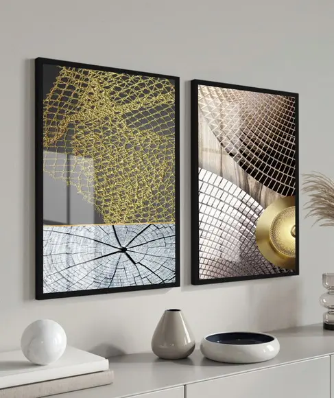 Quadros Decorativos Abstratos Modernos Gold Moldura e Vidro
