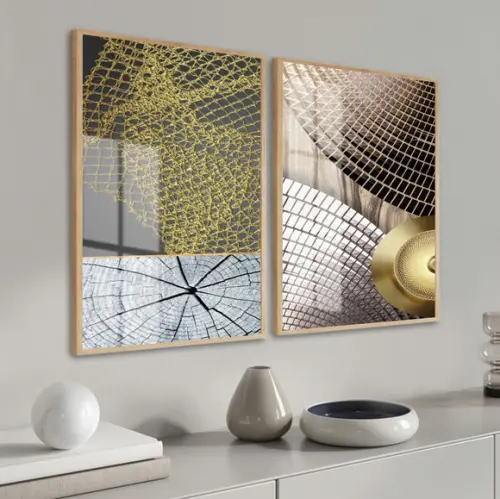 Quadros Decorativos Abstratos Modernos Dourado Moldura Vidro