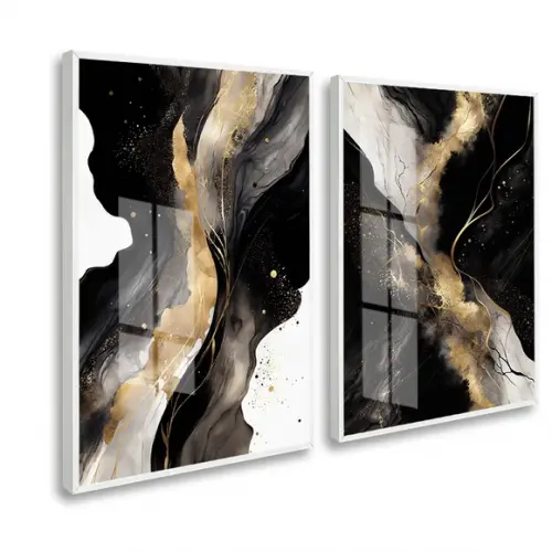 Quadros Decorativos Abstratos Preto e Dourado Moldura Vidro