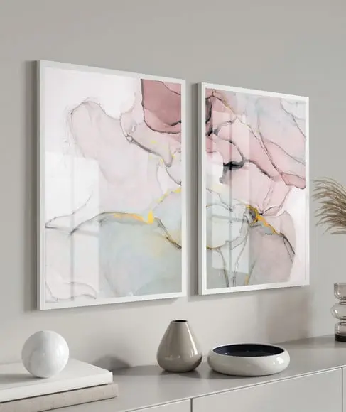 Quadros Decorativos Abstratos Rosa e Dourado Moldura e Vidro