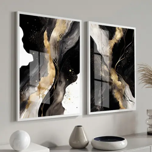 Quadros Decorativos Abstratos Preto e Dourado Moldura Vidro