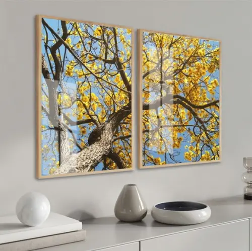 Quadros Decorativos Arvore Amarela Galhos Com Moldura Vidro