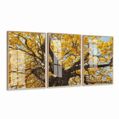 Quadros Decorativos Arvore Amarela Paisagem Moldura e Vidro