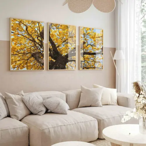 Quadros Decorativos Arvore Amarela Paisagem Moldura e Vidro