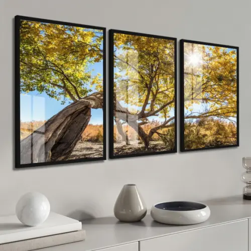 Quadros Decorativos Arvore Amarela Paisagem Moldura e Vidro