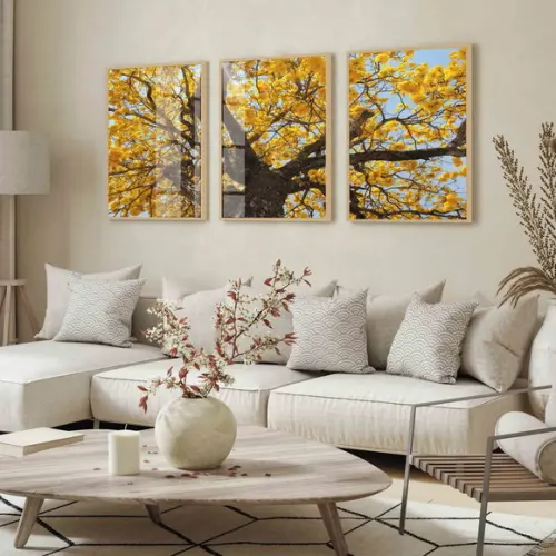 Quadros Decorativos Arvore Amarela Paisagem Moldura e Vidro