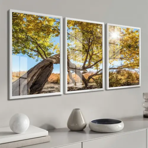 Quadros Decorativos Arvore Amarela Paisagem Moldura e Vidro