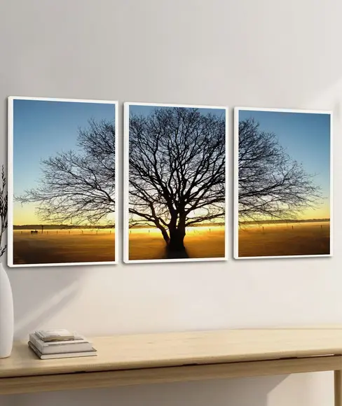 Quadros Decorativos Arvore Galho Paisagem Pôr do Sol Moldura