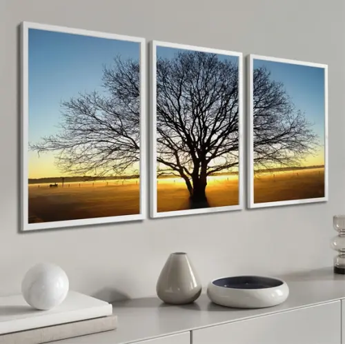 Quadros Decorativos Arvore Galho Paisagem Pôr do Sol Moldura