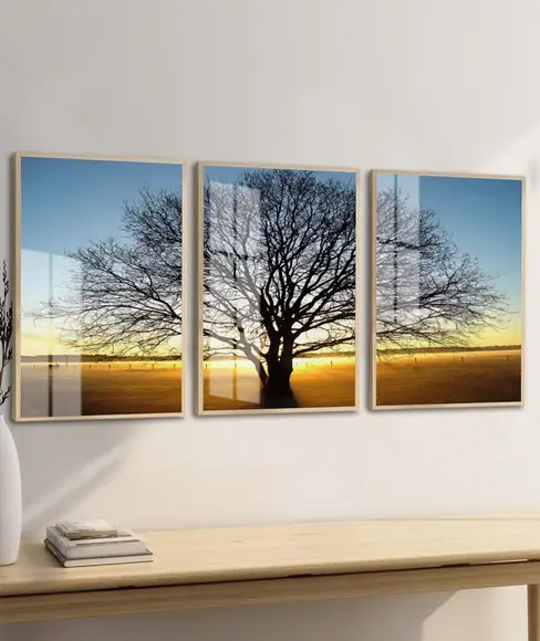 Quadros Decorativos Arvore Pôr do Sol Paisagem Moldura Vidro