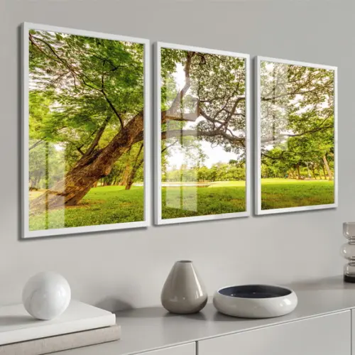 Quadros Decorativos Arvore Verde Paisagem Moldura e Vidro
