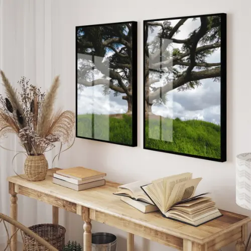 Quadros Decorativos Arvore Verde Paisagem Moldura e Vidro