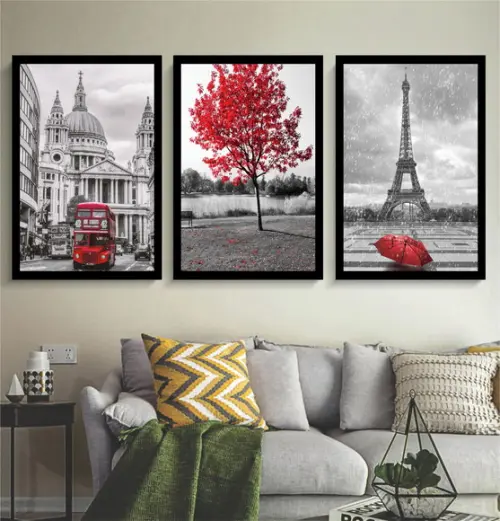 Quadros Decorativos Arvore Vermelha Londres e Paris Moldura
