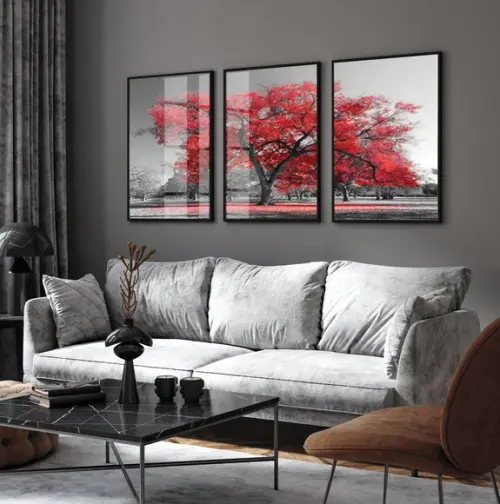 Quadros Decorativos Arvore Vermelha Paisagem Moldura e Vidro