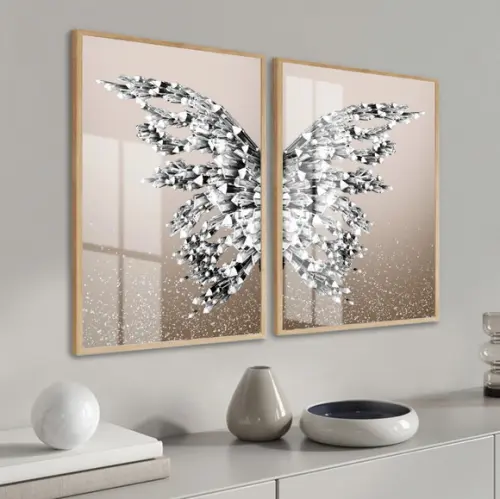 Quadros Decorativos Asas Borboleta Prata com Moldura e Vidro