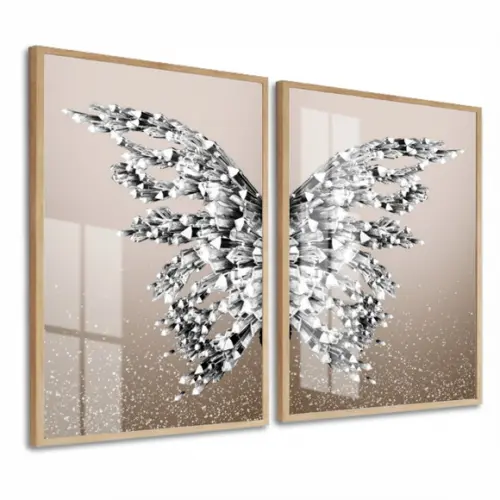 Quadros Decorativos Asas Borboleta Prata com Moldura e Vidro