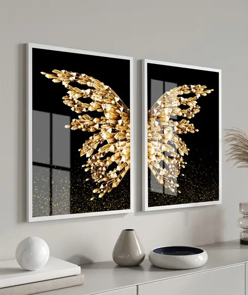 Quadros Decorativos Asas Douradas Borboletas Moldura E Vidro