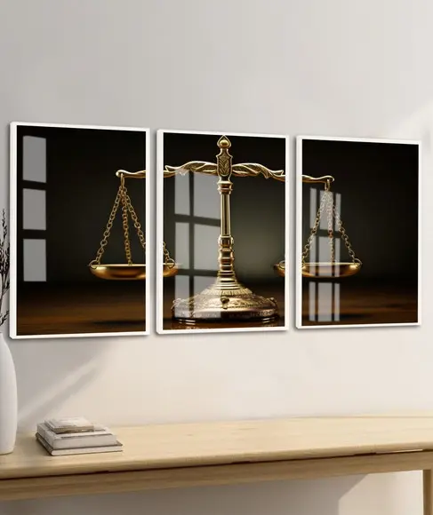 Quadros Decorativos Balança da Justiça Dourada Moldura Vidro