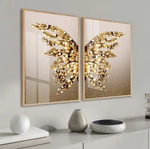 Quadros Decorativos Borboleta Asas Douradas Moldura e Vidro