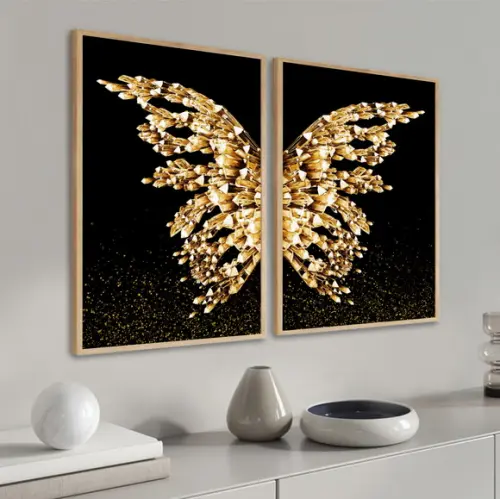 Quadros Decorativos Borboleta Asas Douradas Com Moldura