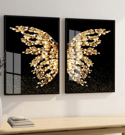 Quadros Decorativos Borboleta Asas Douradas Moldura E Vidro