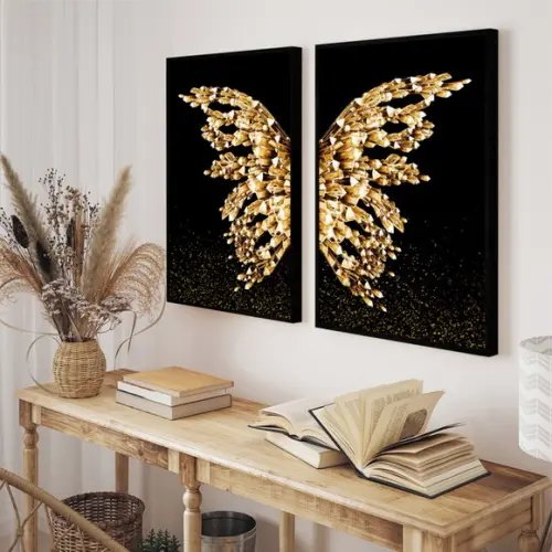 Quadros Decorativos Borboleta Dourada Asas Gold Com Moldura