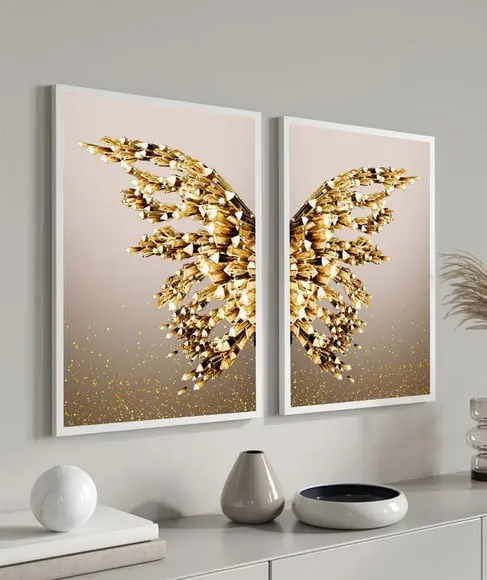 Quadros Decorativos Borboleta Dourada Asas Para Sala Moldura