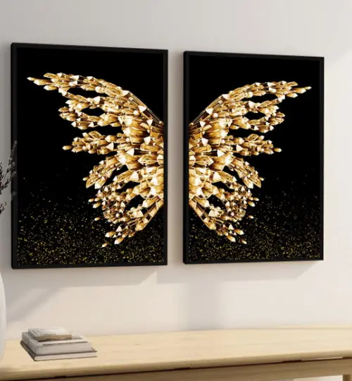 Quadros Decorativos Borboleta Dourada Asas Gold Com Moldura