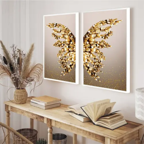 Quadros Decorativos Borboleta Dourada Asas Para Sala Moldura