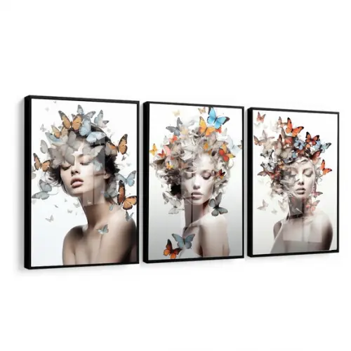 Quadros Decorativos Borboleta Mulher Flores Sala Hall Vidro