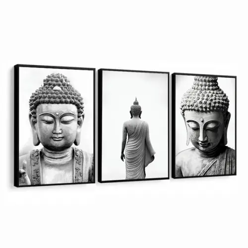 Quadros Decorativos Buda Preto e Branco Moderno com Moldura