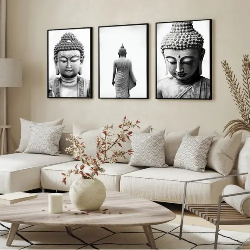 Quadros Decorativos Buda Preto e Branco Moderno com Moldura