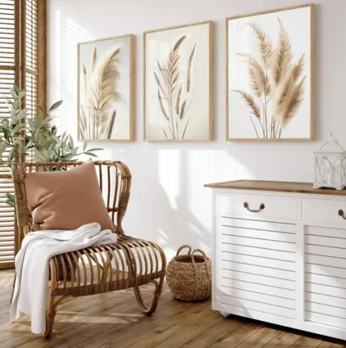 Quadros Decorativos Capim dos Pampas Bege Boho Moldura Vidro