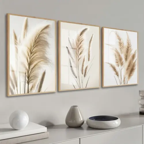 Quadros Decorativos Capim dos Pampas Bege Boho Moldura Vidro