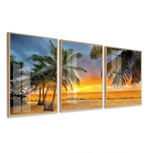 Quadros Decorativos Coqueiro Pôr do Sol Mar Moldura e Vidro