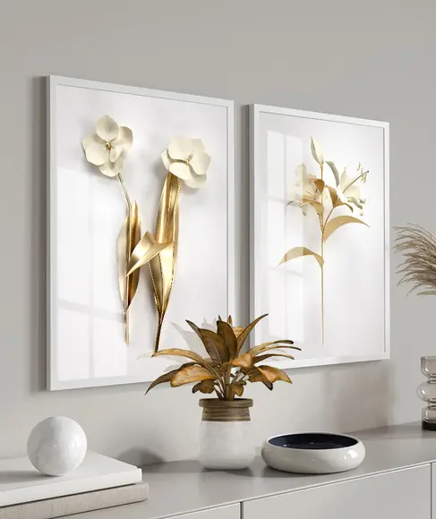 Quadros Decorativos De Vidro Com Moldura Flores Douradas
