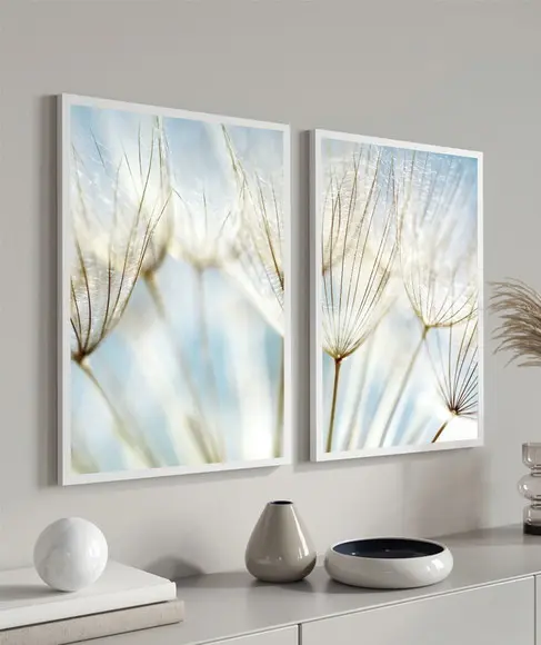 Quadros Decorativos Dente de Leão Azul Flores com Moldura