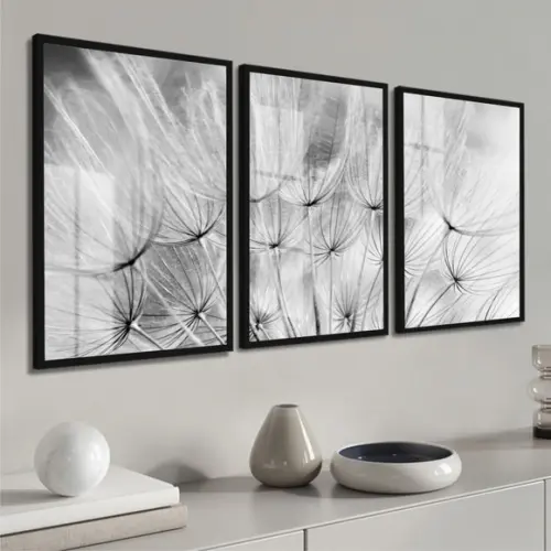 Quadros Decorativos Dente de Leão Preto Branco Moldura Vidro