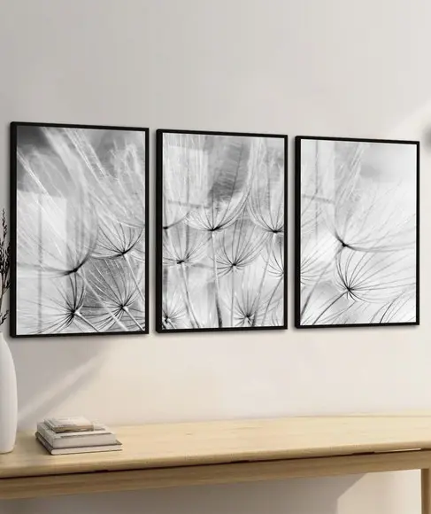 Quadros Decorativos Dente de Leão Preto Branco Moldura Vidro