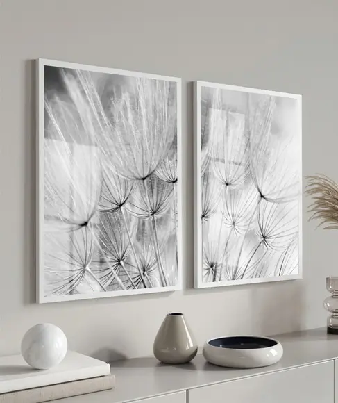 Quadros Decorativos Dente de Leão Preto Branco Moldura Vidro