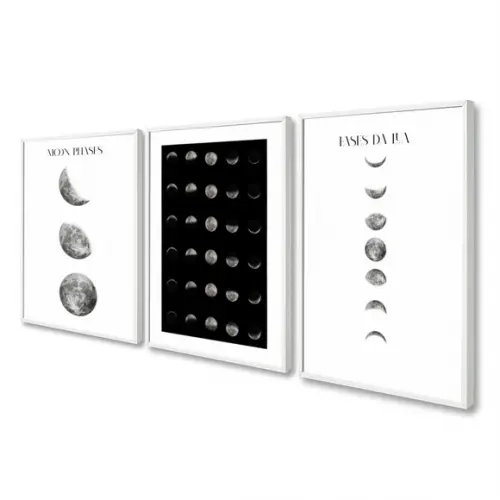 Quadros Decorativos Fases da Lua Preto e Branco com Moldura